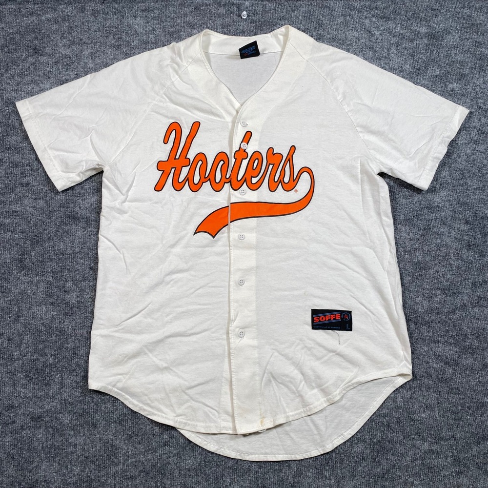 Vintage Soffe Hooters Baseball Jersey Mens Large White Orange Button Up USA Made